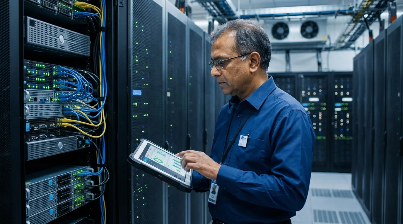 Professional authentic photo of an Indian male senior IT engineer and systems technician inspecting server racks