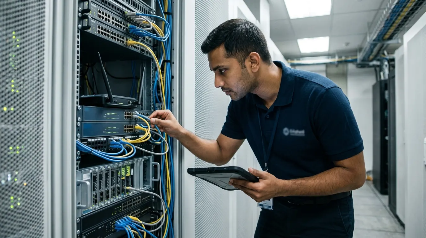 Indian IT field technician engineer inspecting network router equipment and cables in a server cabinet